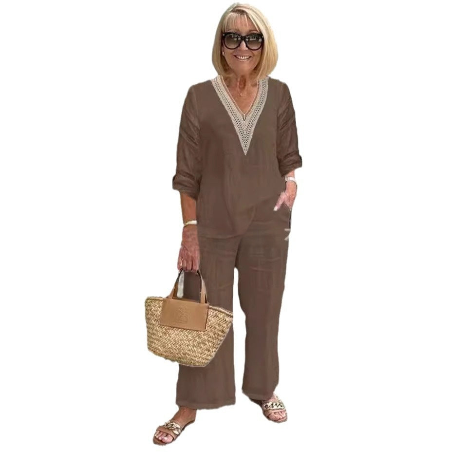 Solid Color Long Sleeve Plus Size Loose Suit Elegant Commute Two-piece Set For Women