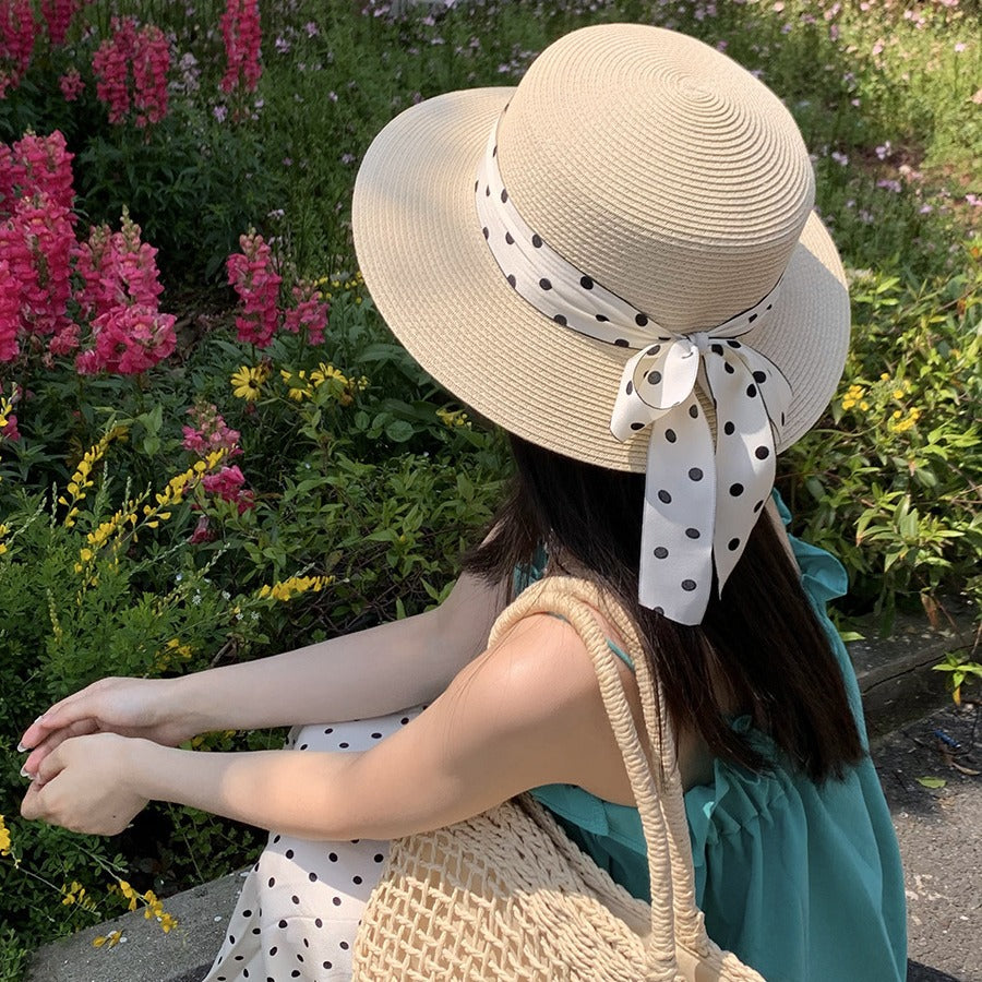 French Sweet Polka Dot Tie Ribbon Sun Hat
