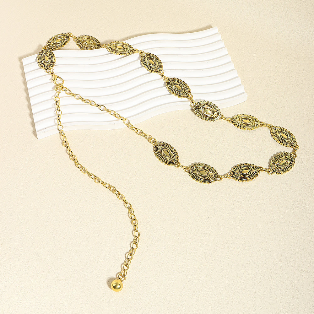 Retro National Style Carved Ancient Gold And Silver Metal Waist Chain Sexy Elegant Women's Dress Senior Sense Decorative Belt