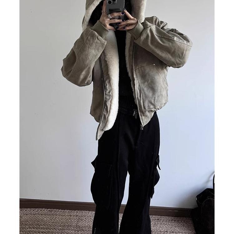 Artificial Mink Hair Marble Mountain Carving Hooded Cotton Jacket