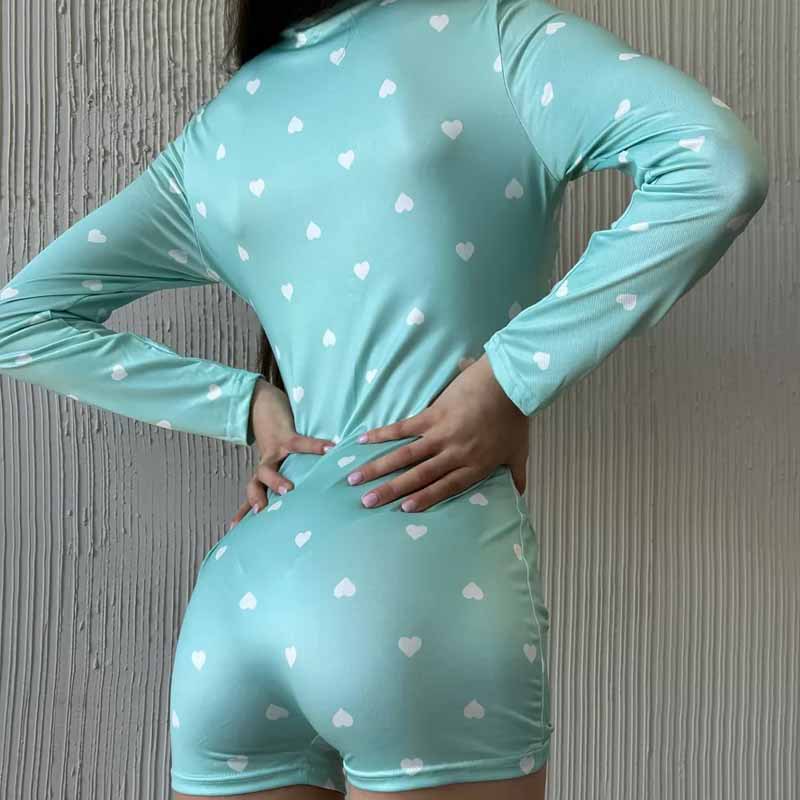 Sweet Heart-Print V-Neck Button-Front Bodycon Jumpsuit