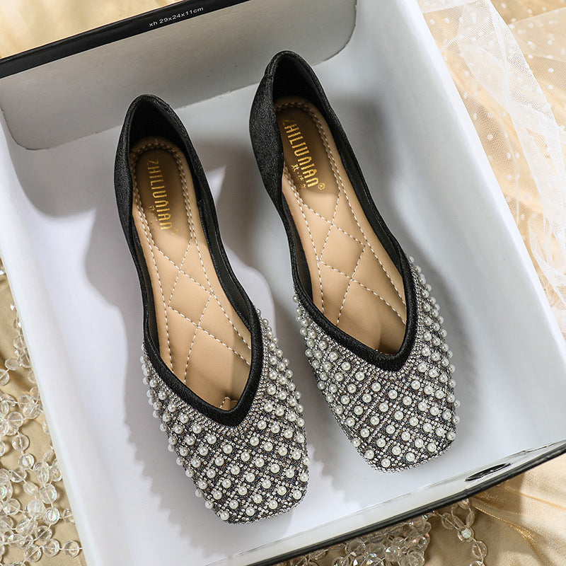 Pearl Water Diamond Square Head Shallow Mouth Single Shoes For Women