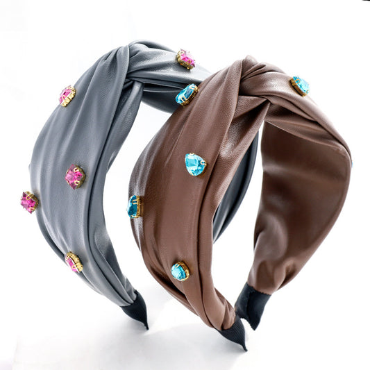 Leather Cross Knot Hairband Green Big Stone Headband Hair Accessories 23 orders
