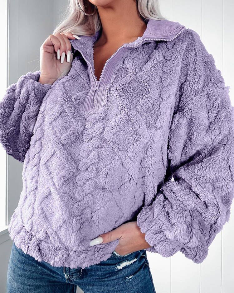 Enkel ensfarvet fleece-sweatshirt med lynlås og opretstående krave