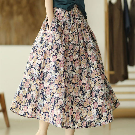 High Waist Retro Printed A- Line Loose Floral Skirt