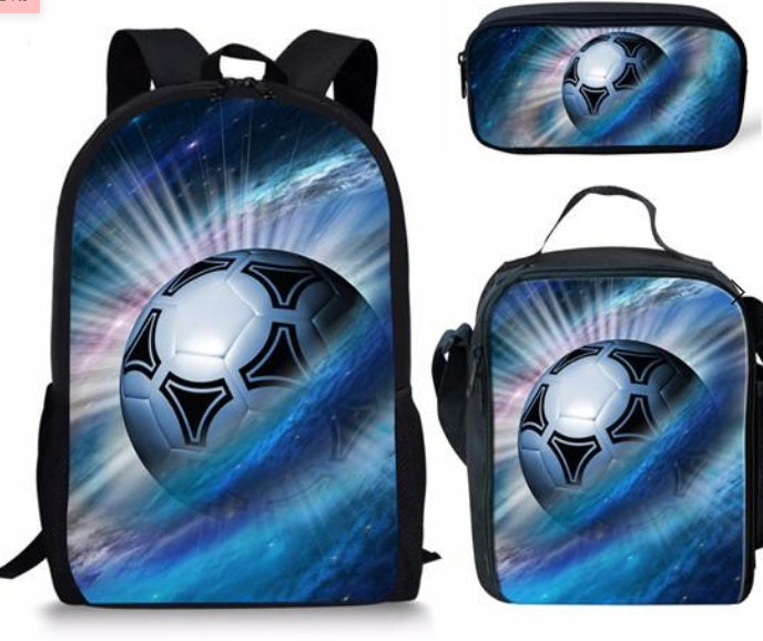 Football Print Children's Three-piece Backpack Satchel Big Pen Bag Student Backpack