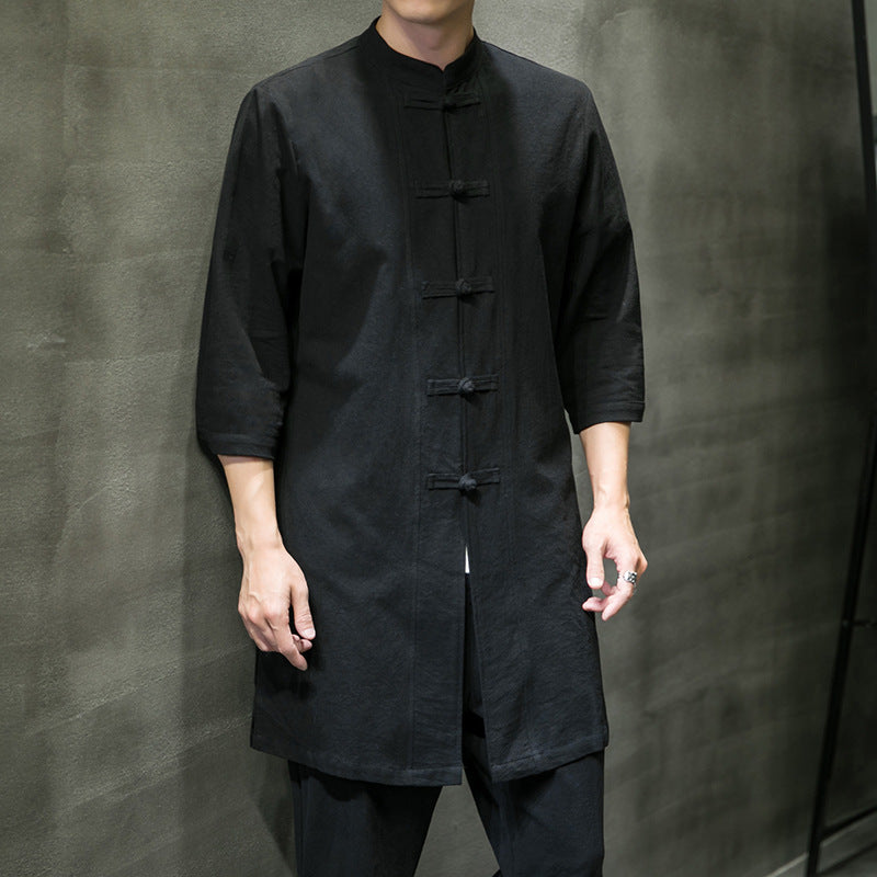 Men's Mid-length Three-quarter Sleeve Cotton And Linen Shirt