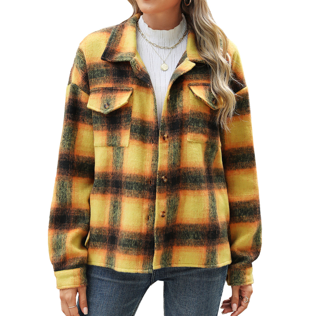 Polo Collar Stripes Plaid Pocket Loose Long-sleeved Woolen Coat