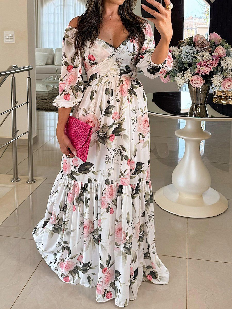 Elegant And Fashionable Womens Printed 34-sleeve V-neck Dress