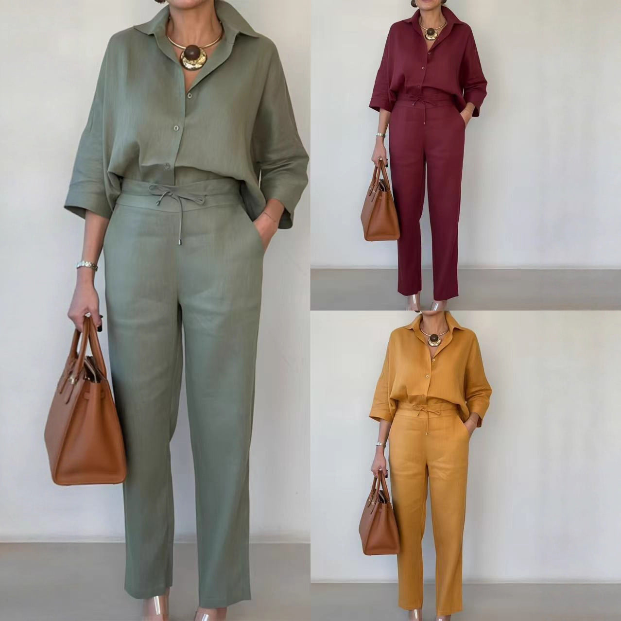 New Elegant Solid Color Polo Collar Linen Shirt And Two-piece Pants