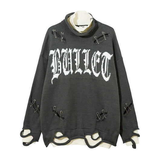 Fake Two-piece Color Matching Turtleneck Letter Cut Ripped Sweater