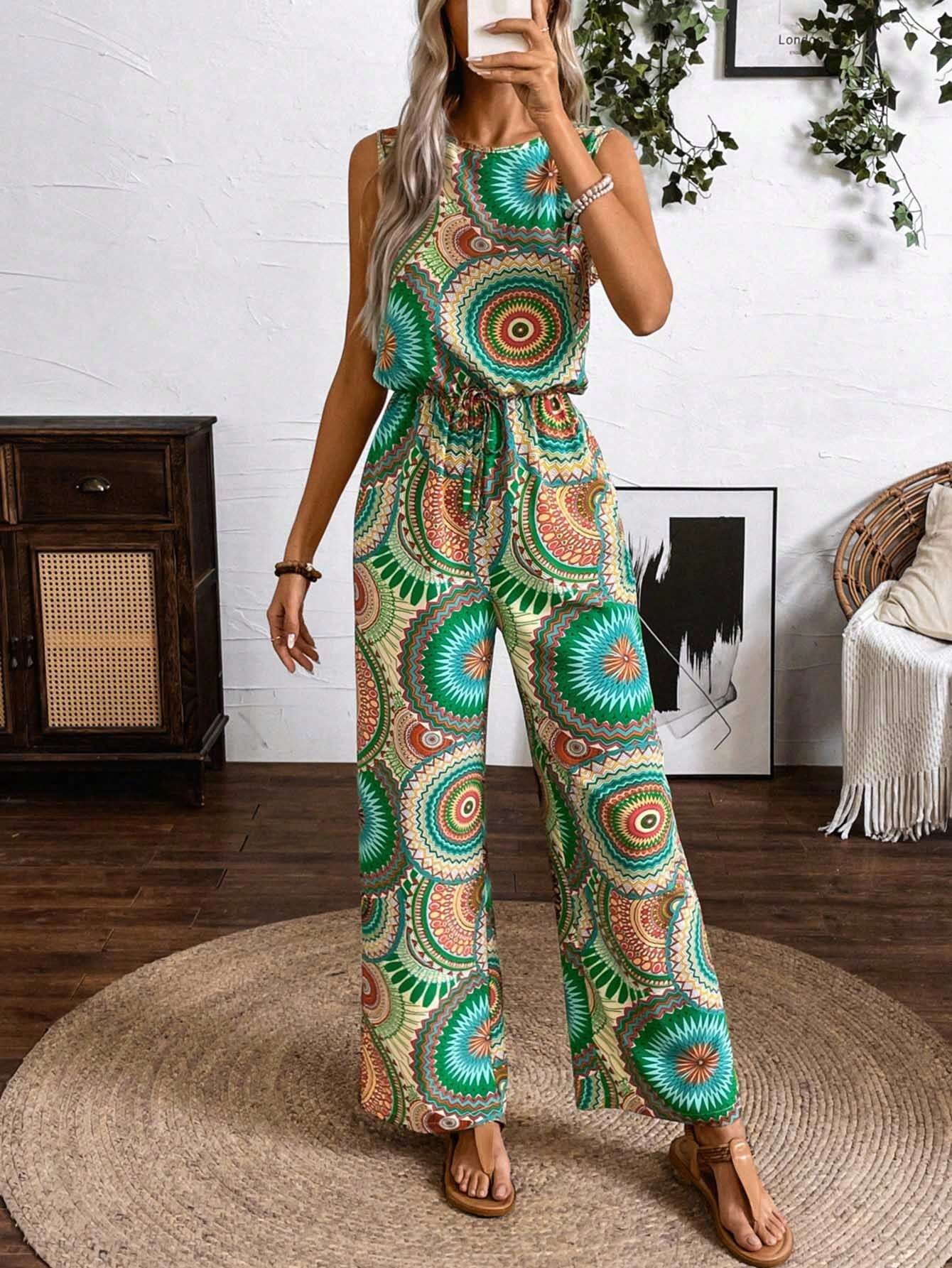 Dame jumpsuit med print, ærmeløs og lige snit