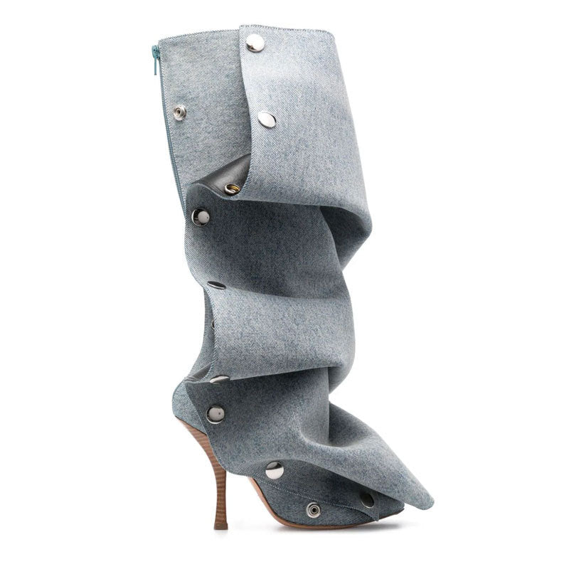 Denim Stitching Casual Two-way Pile Style Knee-length Boots