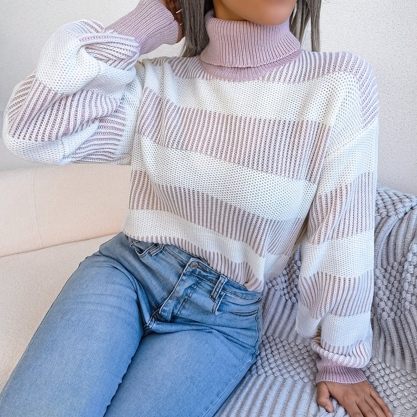 European And American Street Stripe Lantern Sleeve High Neck Bottoming Sweater