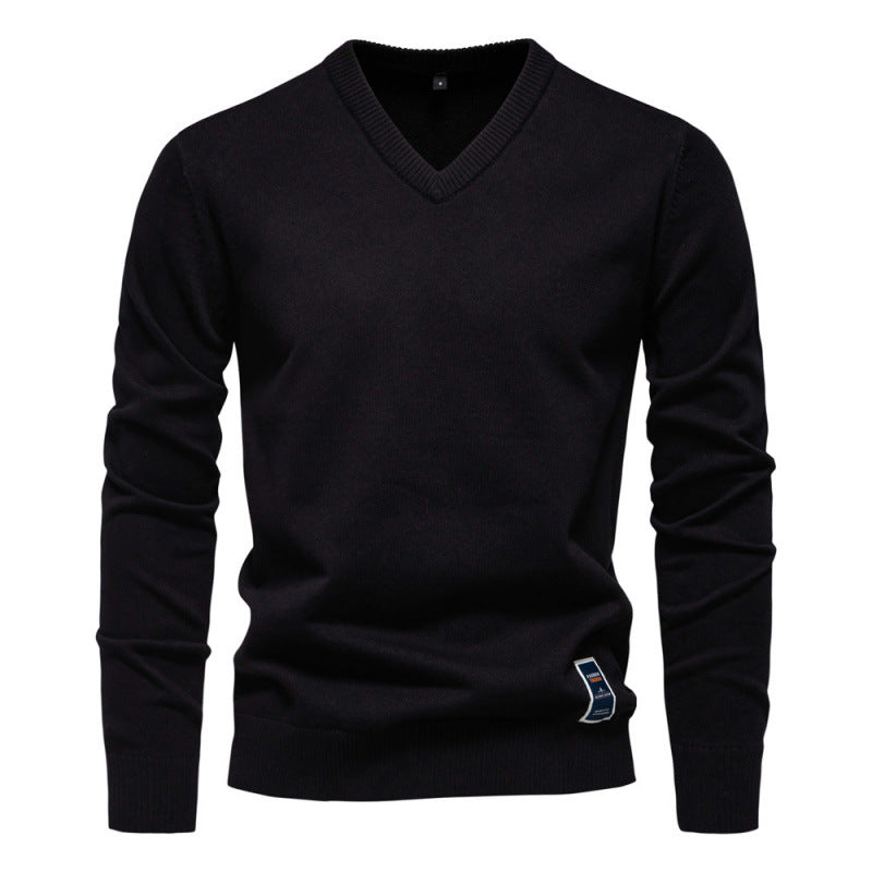 Autumn And Winter Pure Cotton Solid Color Hoodie V-neck Trendy Men's Clothing Sweater