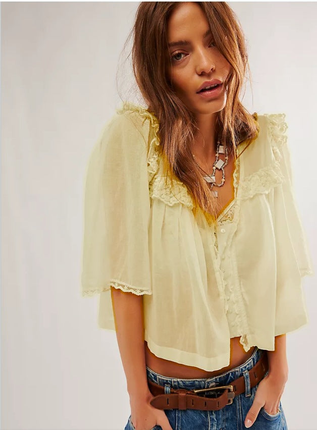 Lace-trimmed Collar Loose-fitting Fashionable Pleated Top For Women