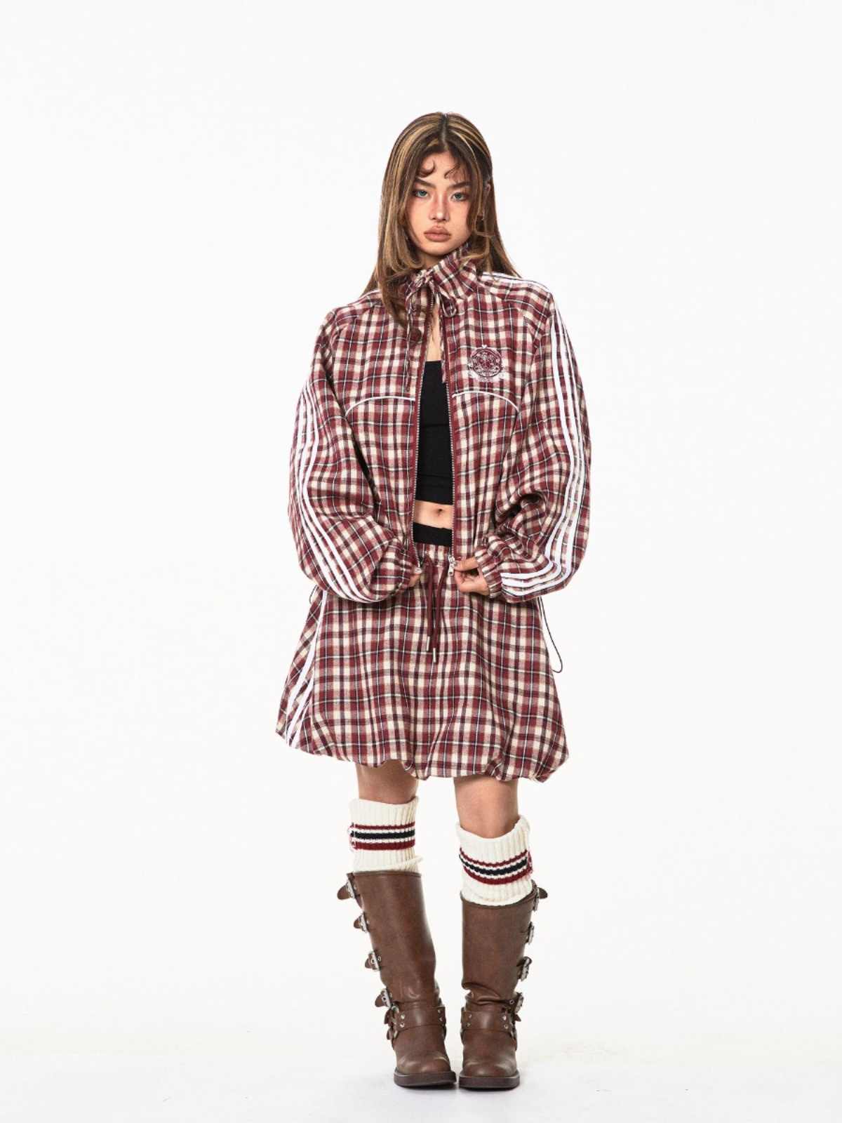 Sweet Cool Hot Girl Plaid Stitching Skirt Women