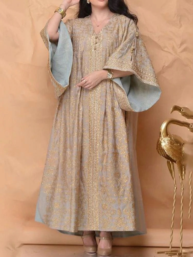 Gold Embroidery Loose Flare-Sleeve Dress Robe