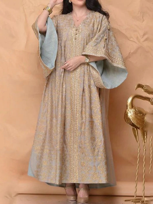 Gold Embroidery Loose Flare-Sleeve Dress Robe