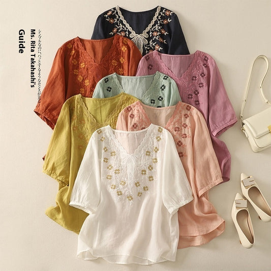 Broderet Elegant Blonde V-hals Halværmet Pullover Bluse til Kvinder