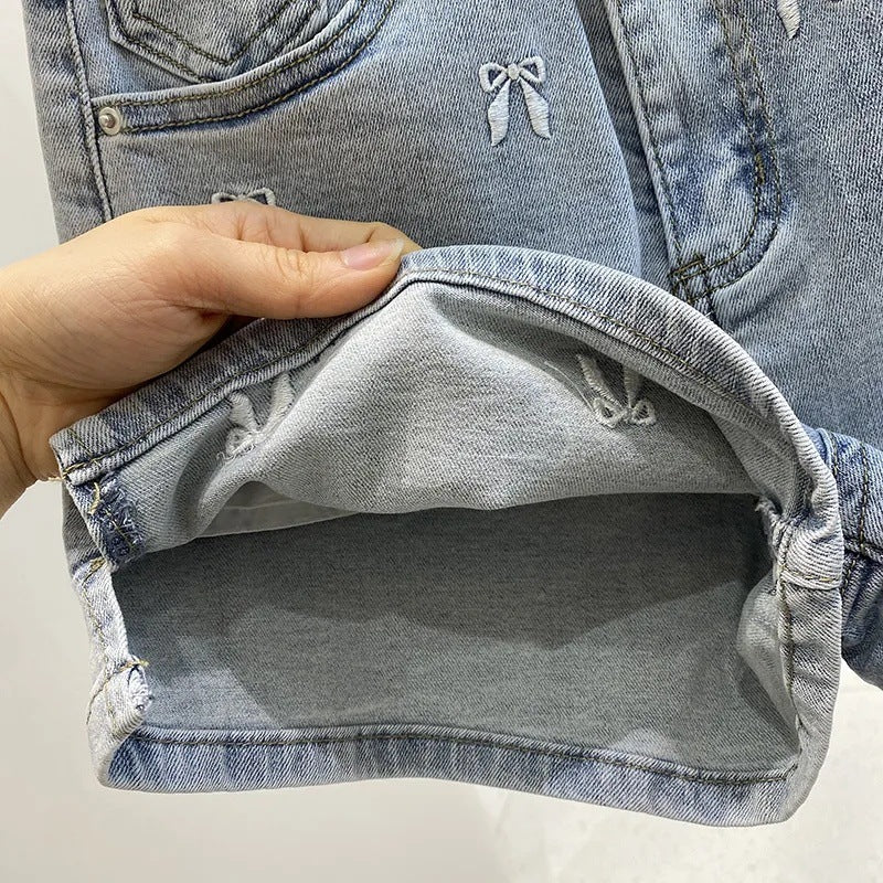 Slim Fit Burrs High Waist Denim Hot Pants Women's Summer Wide Leg Shorts