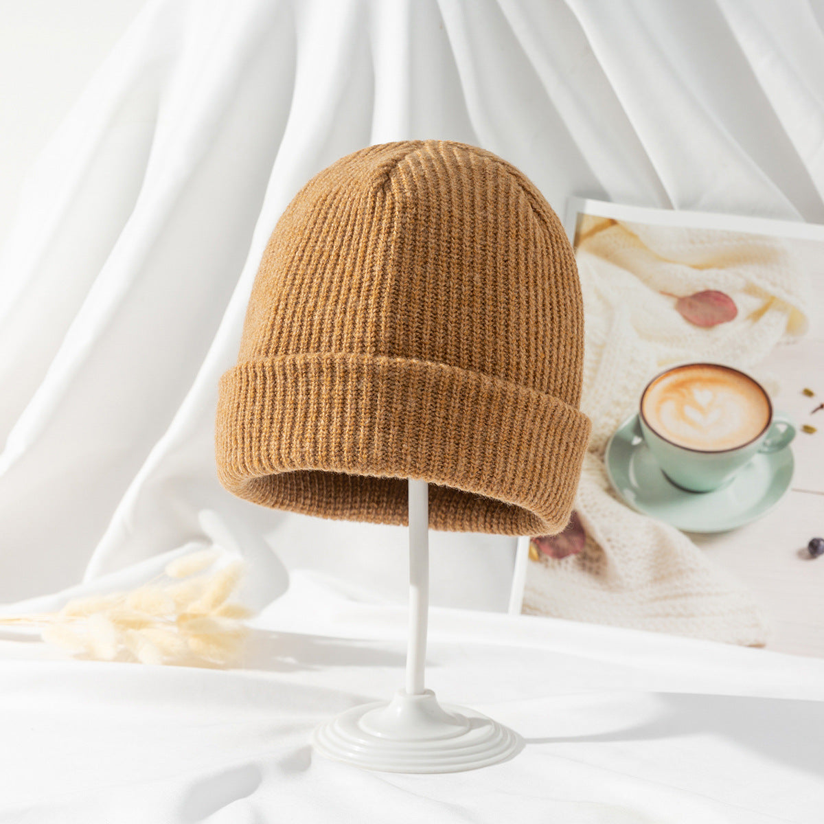Couple Style Wool Ruffled Knitted Round Top Wool Hat For Autumn And Winter Warmth Solid Color Mesh Red Versatile Headband Cold Hat