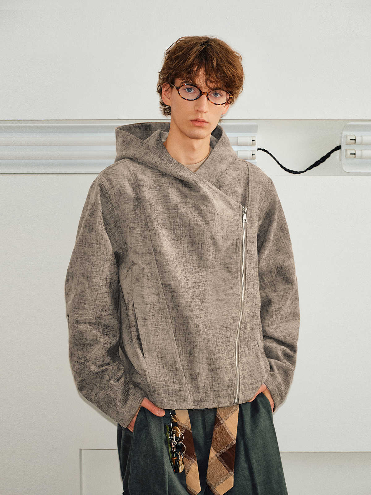 Men's Casual Textured Velvet Vintage Oblique Zipper Deconstructed Jacket