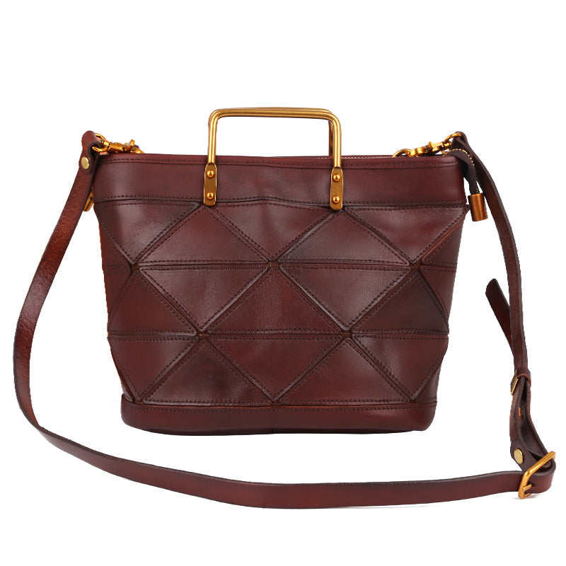 Geometric Stitched Cowhide Women's Bag Work Commute Literary Handbag