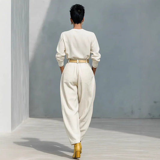 Womens Simple-style Loose Top And Harem Wide-leg Pants Two-piece Set With Belt