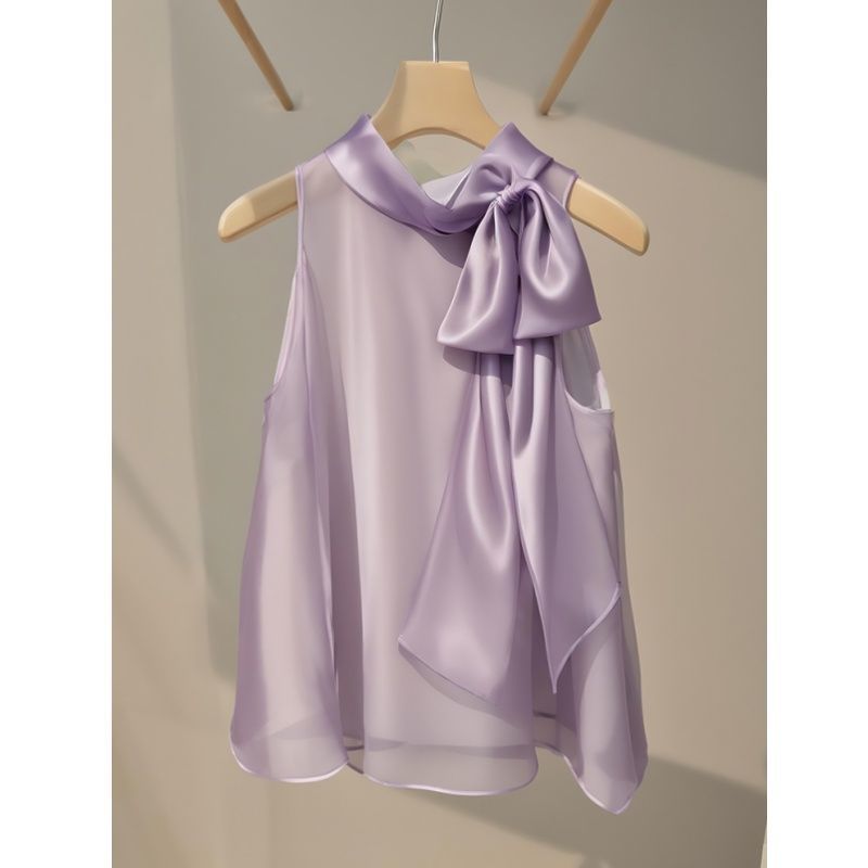 French-style Slightly Mature Niche Purple Bow-tie Blouse