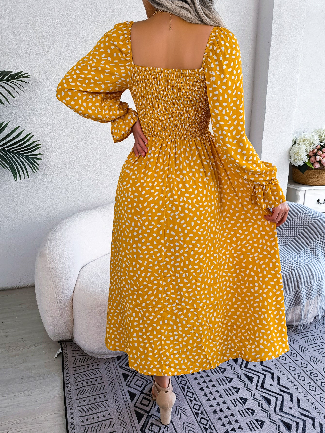Women Square Neck Long Sleeve Vacation Rayon Pleated Maxi Dress