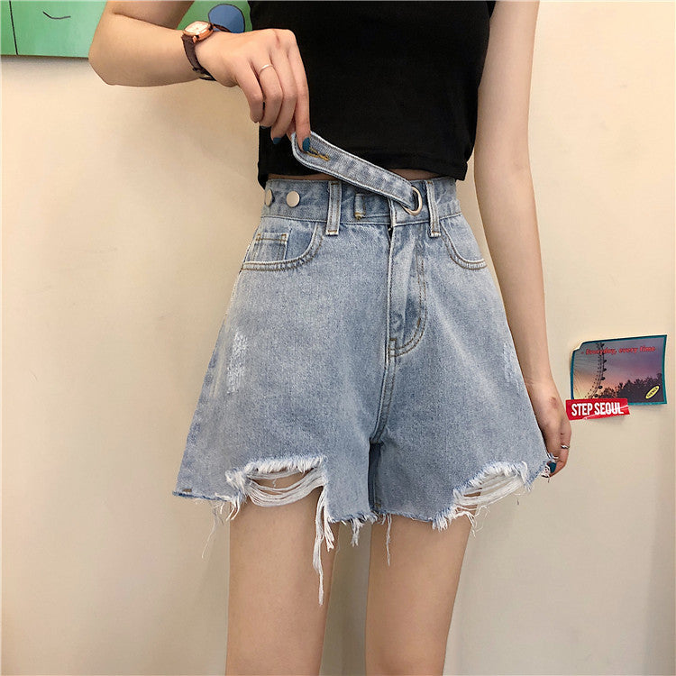 Retro High-waisted Straight Hole Wide-leg Denim Shorts