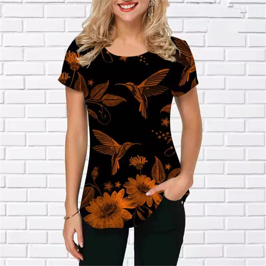 Women's Bird Printed Shirt Summer Short Sleeve Loose Casual