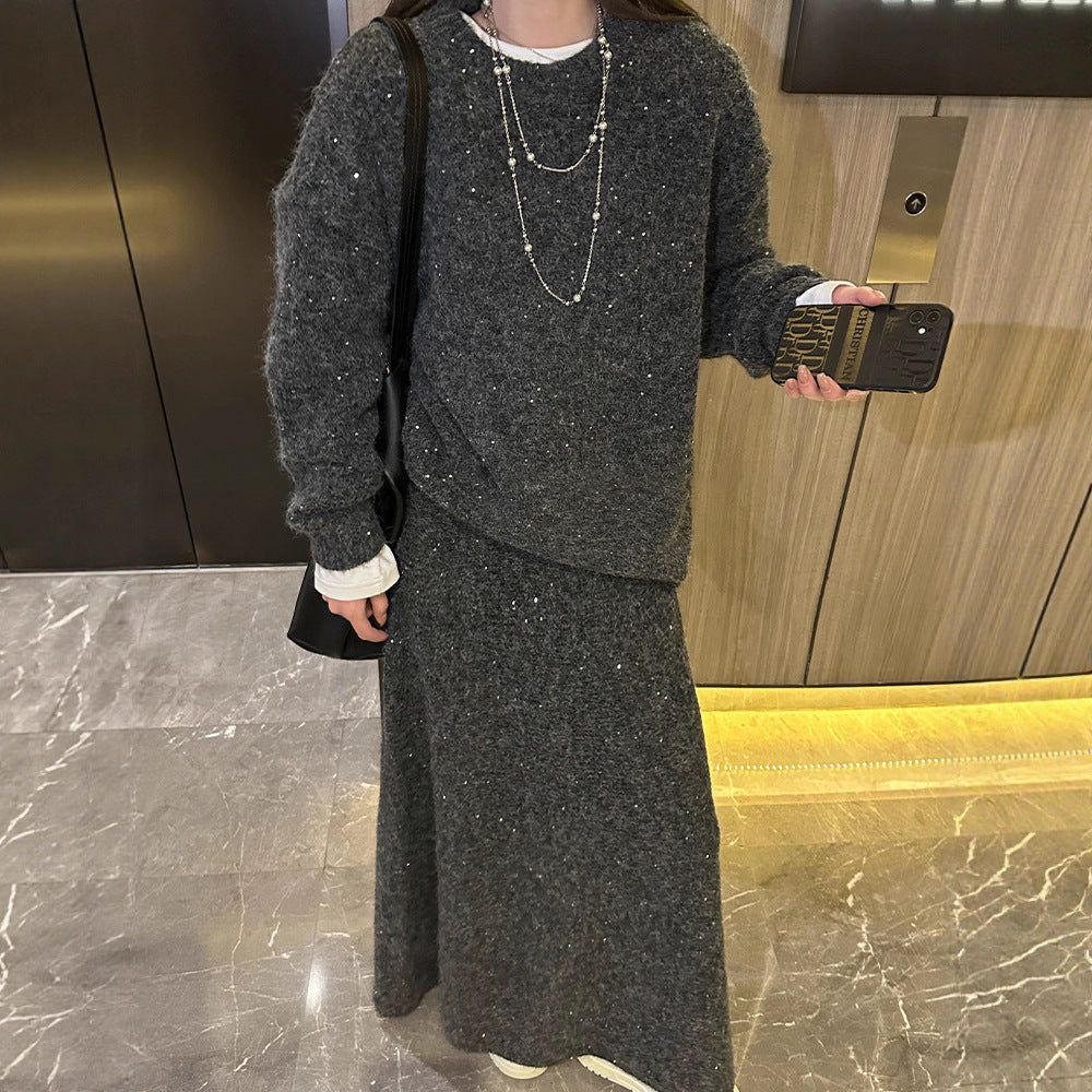 Loose Sequin Sweater Women Elastic Waist Fishtail Skirt Set