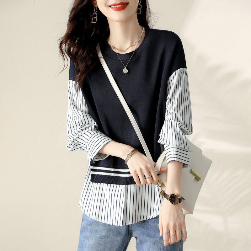 Slimming Stripes False Two-piece Patchwork Shirt All-matching Graceful Women's Simple Round Neck Sweater