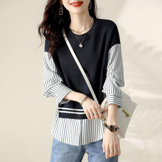 Slankende Striber Falsk To-delt Patchwork Skjorte Alsidig Elegant Enkel Rundhalset Sweater Til Kvinder