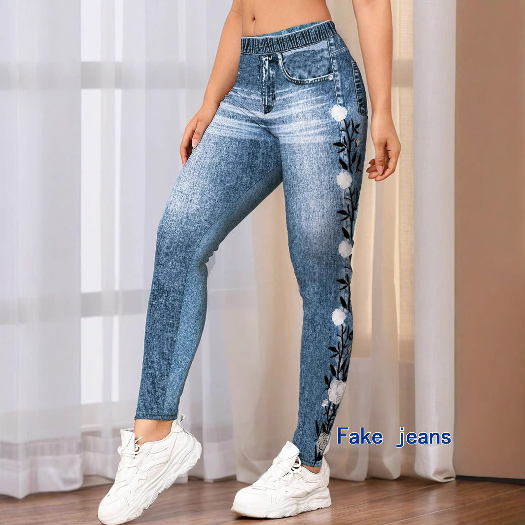 Womens Denim-Look Leggings With Digital Print