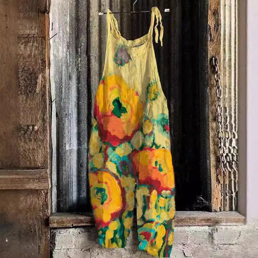 Women's Cotton Linen Suspender Trousers Printed Suspenders Casual Jumpsuit