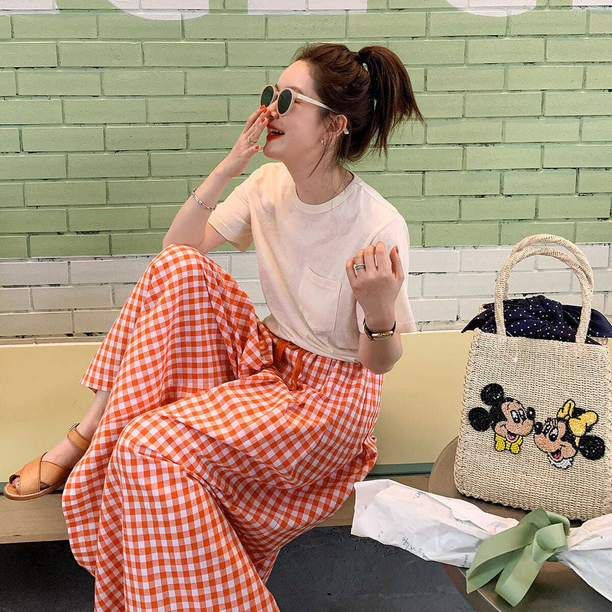 Summer Plaid Wide-leg Cotton And Linen Culottes Elastic High Waist Slimming