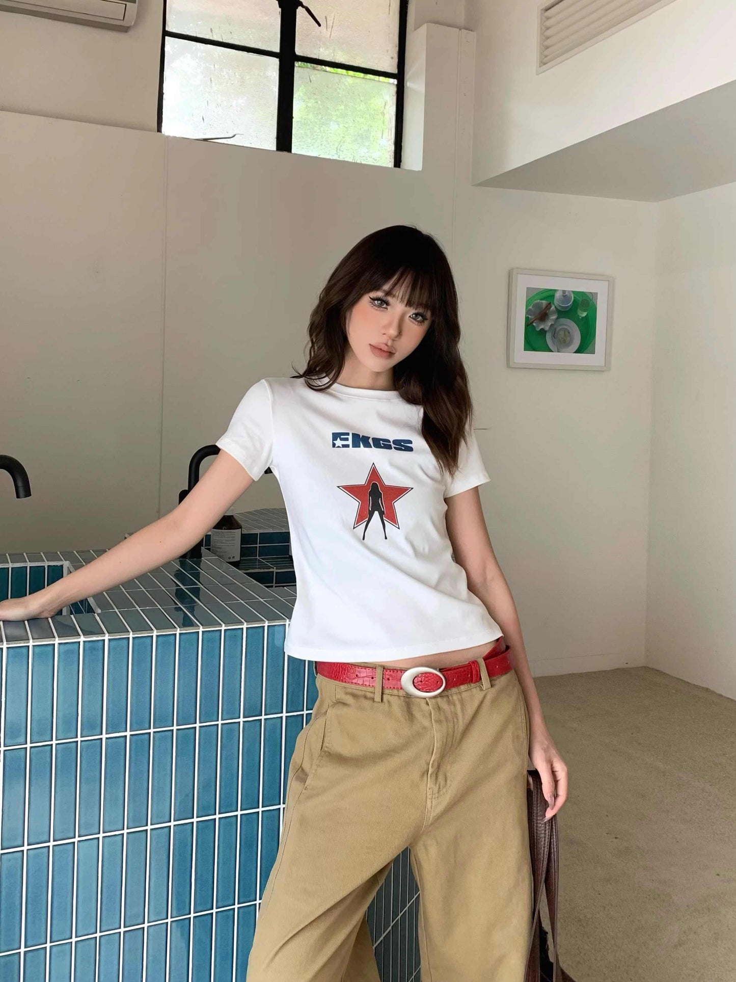 XINGX kortærmet T-shirt med print til damer, kort top