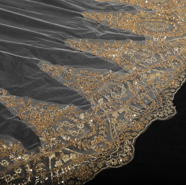 New Bridal Sequins Extra Long Lace Veil With Diamonds