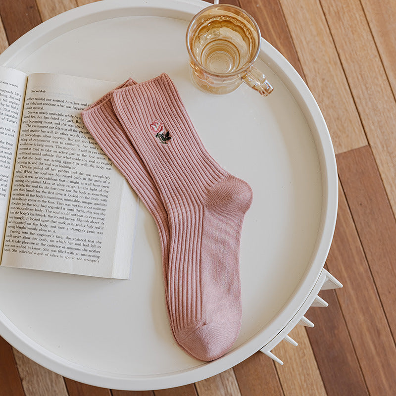 Rose Sweet Scented Vintage Embossed Floral Embroidered Mid-calf Socks