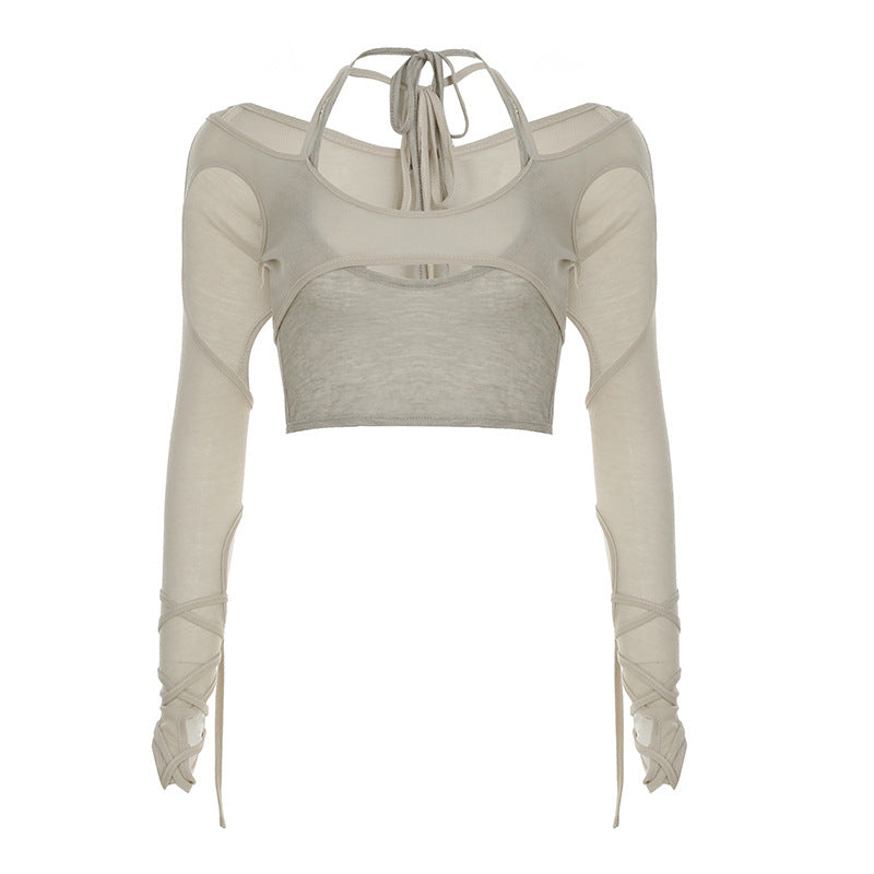 Hollow-out Form-fitting Faux Two-piece Top With Long Sleeves