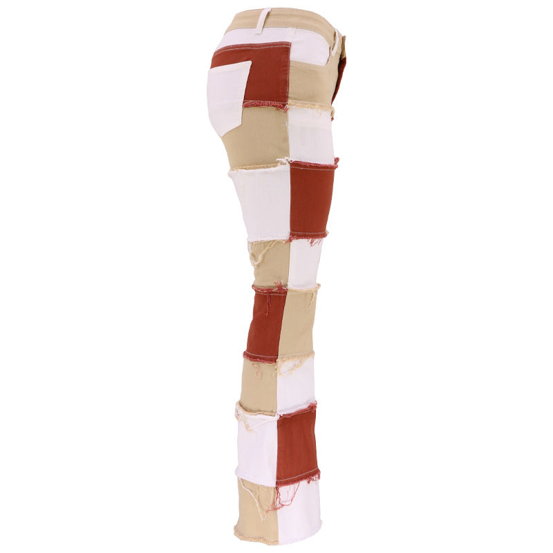 Flow Fashion Patchwork High Waist Tight Hip Horn Women's Denim Trousers