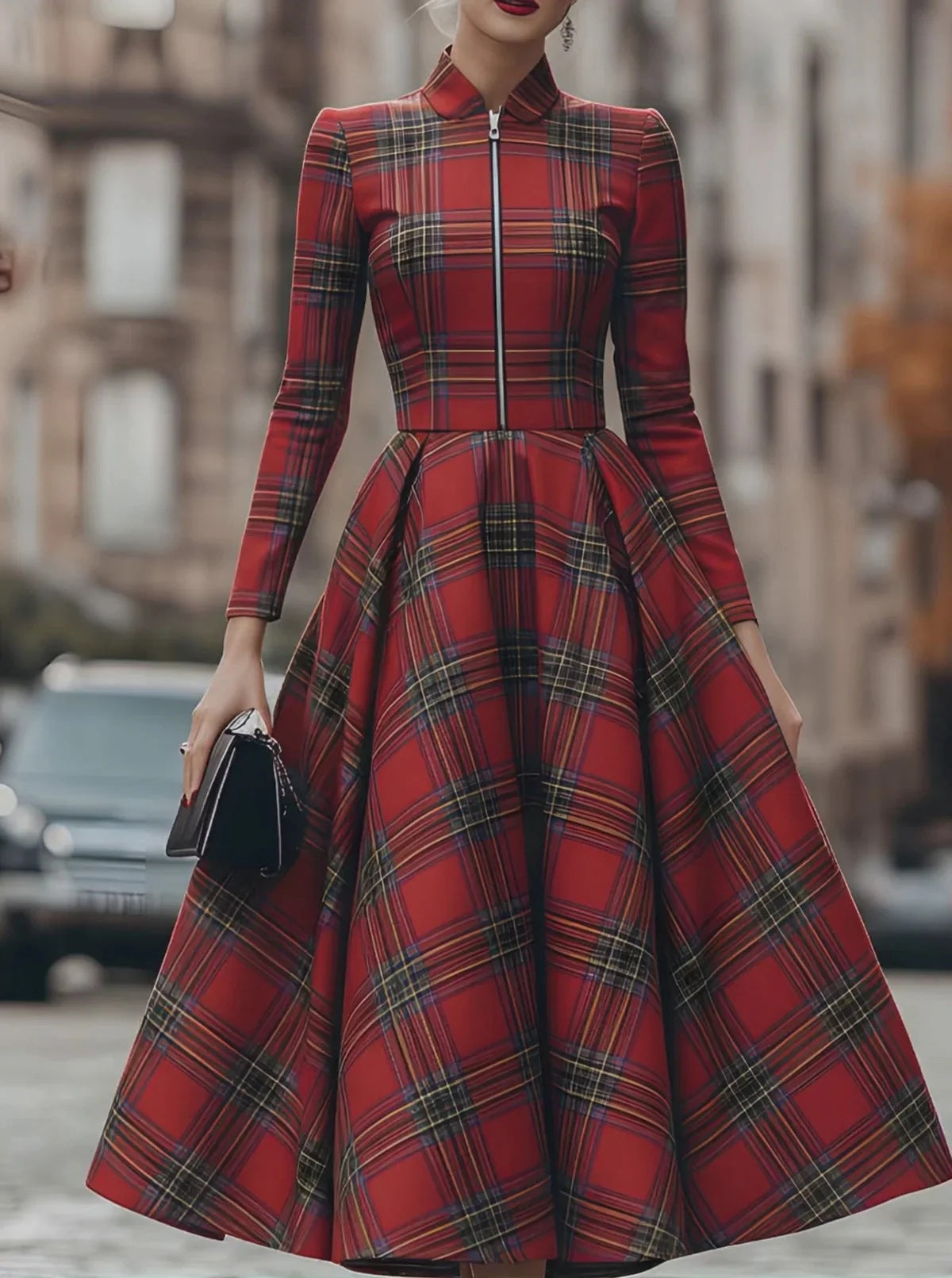 Stand-collar Long-sleeve Plaid Digital-print Zip-up Dress