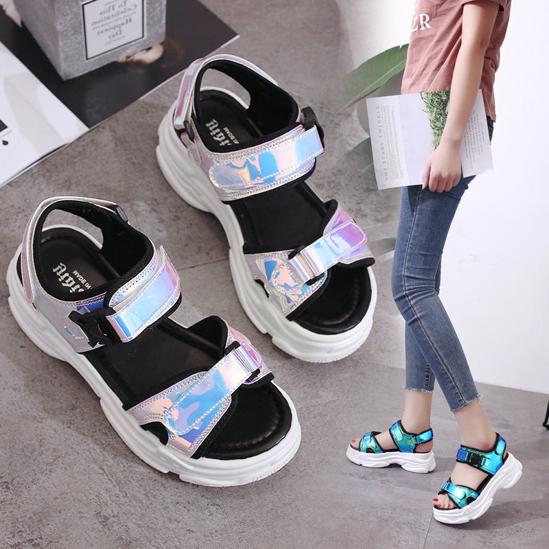 New summer sponge cake and bright leather sandals