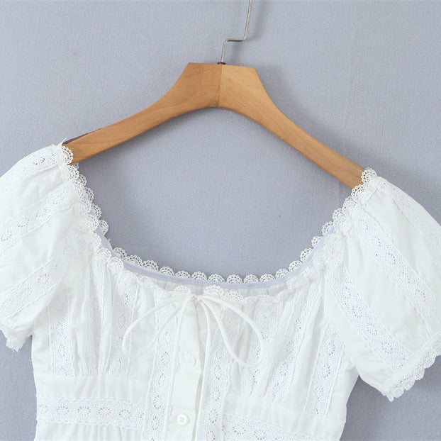 French Refined Handmade Lace Lace Slim Fit Patchwork Pleated Small Top