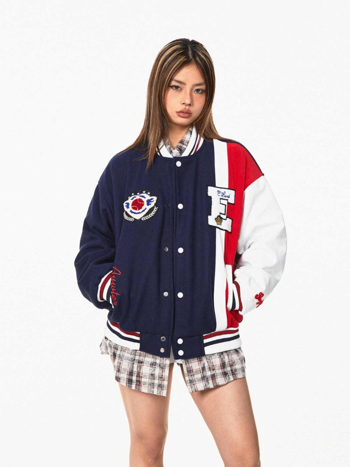 BLACKBBAmerican Color Contrast Patchwork Retro Baseball Uniform Jacket Coat