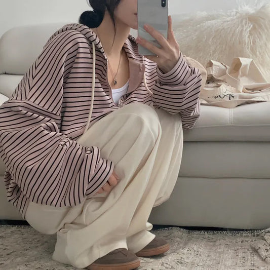 C Loose Casual Laid-back Style Striped Hooded Pocket