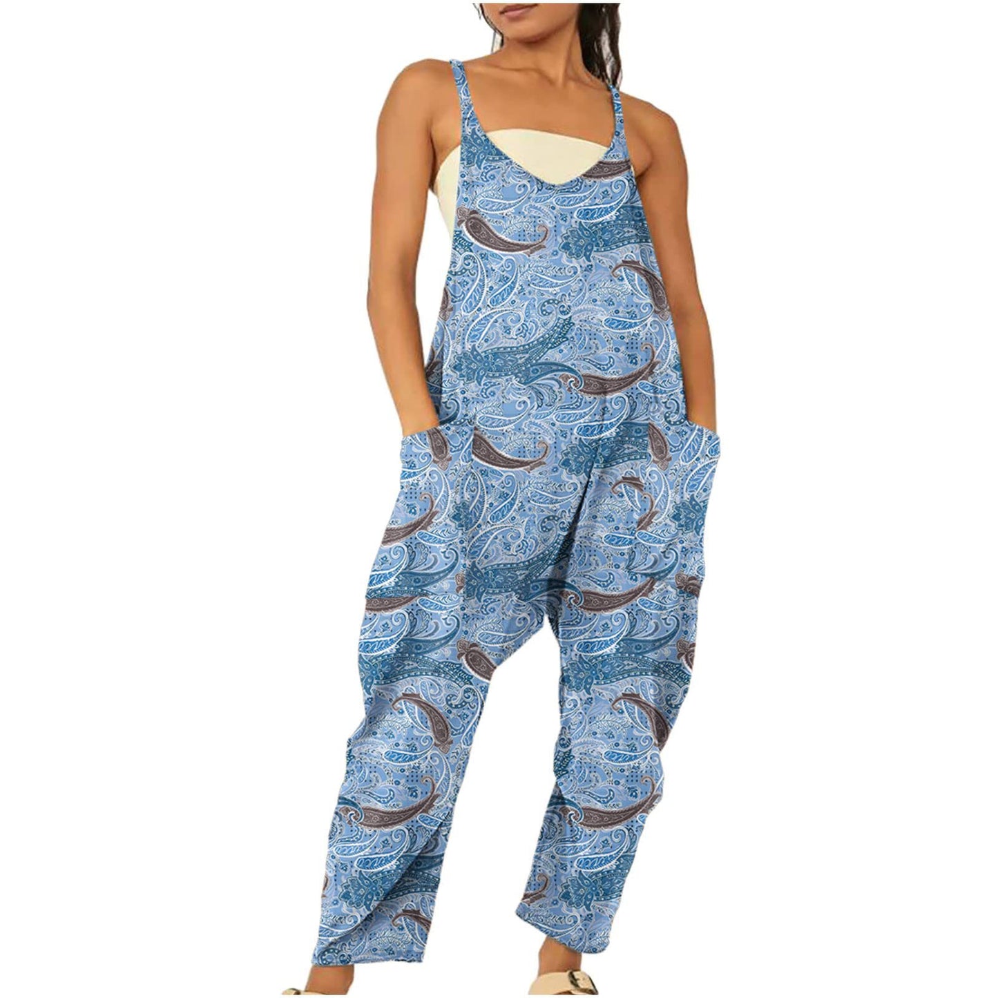 Womens Printed Zippered Patch-Pocket Jumpsuit With Straps